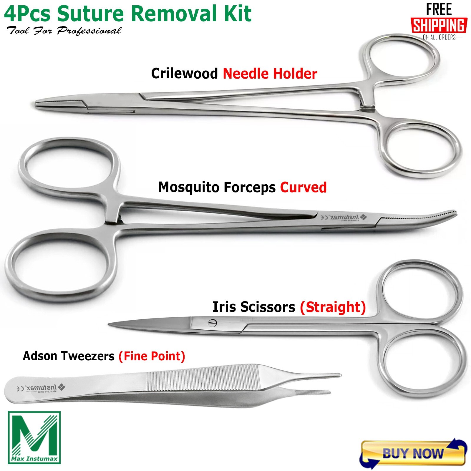 4Pcs Suture Removal Kit Needle Holder Thumb Forceps Scissors Surgical Instrument
