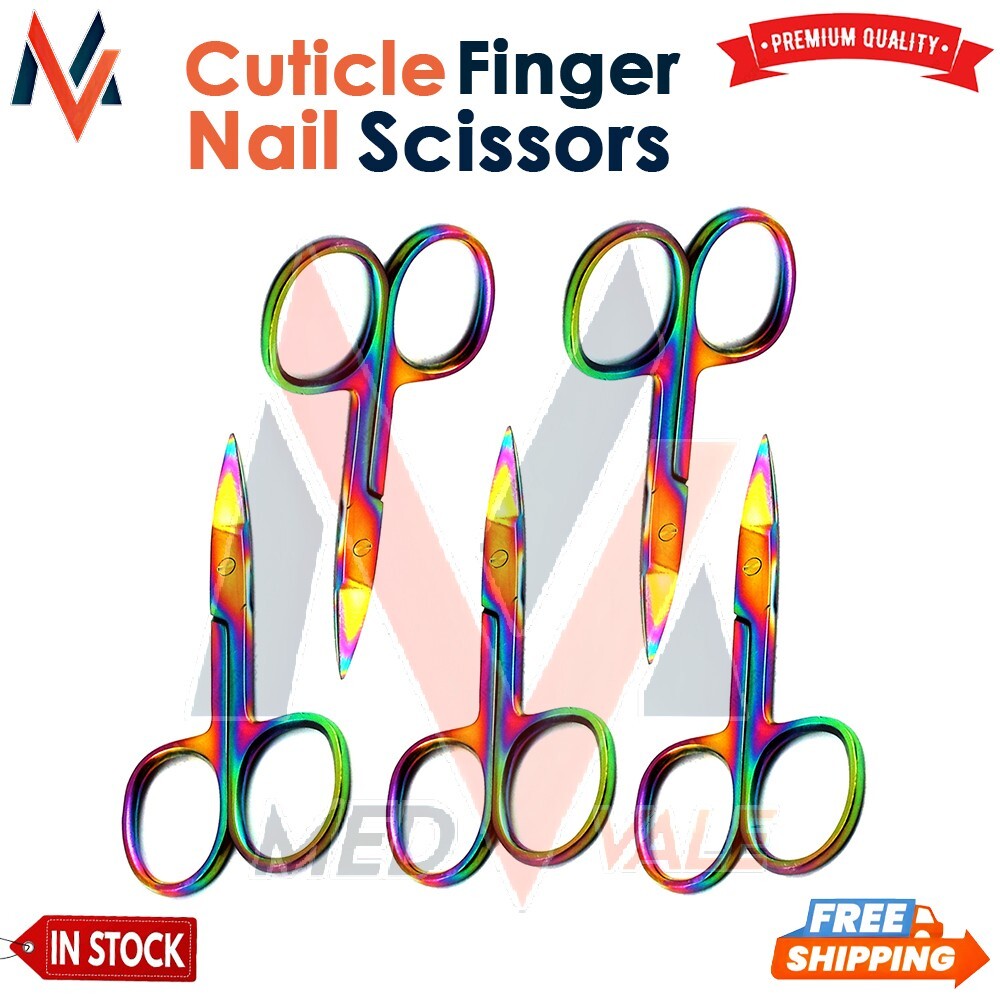 5 Cuticle Finger Nail Scissors Clipper Straight-Curved 3.5” Rainbow Scissors
