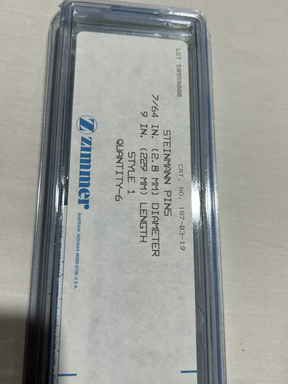 Zimmer Threaded Steinmann Pins 7/64″ x 9″ 187-03-19/ Box of 6 Pin.