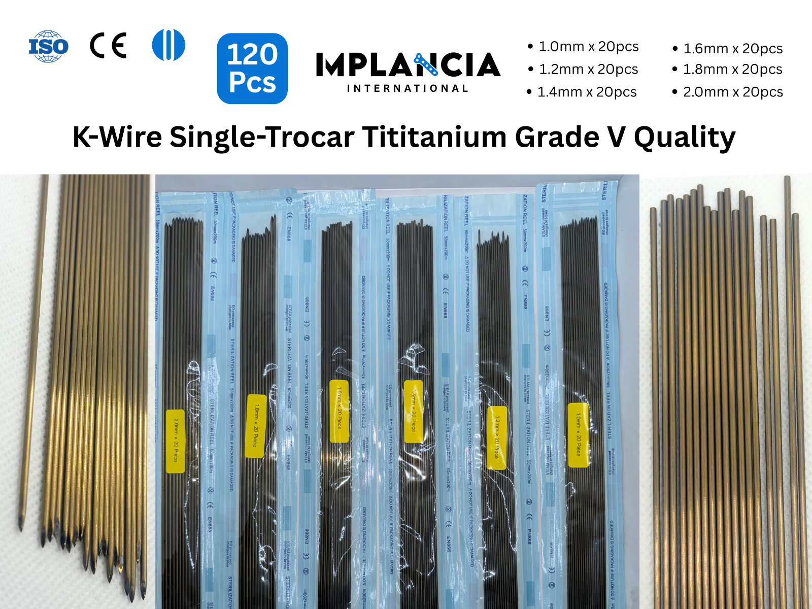 K-Wire Titanium Grade V 120 pcs Precision Pin Set Assorted Sizes Single Trocar