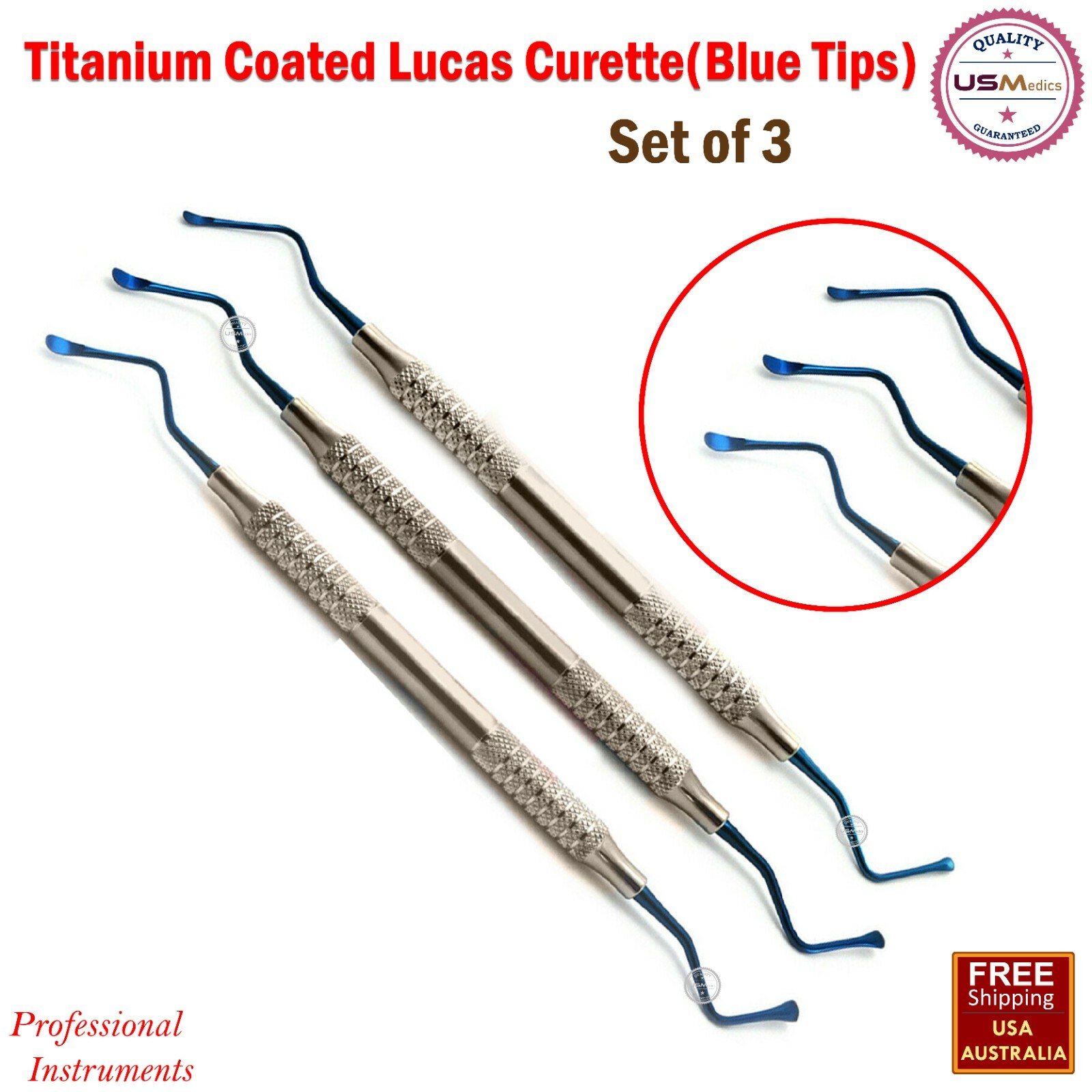 Surgical Dental Laboratory Lucas Bone Curettes Titanium Blue Tips Set of 3 NEW