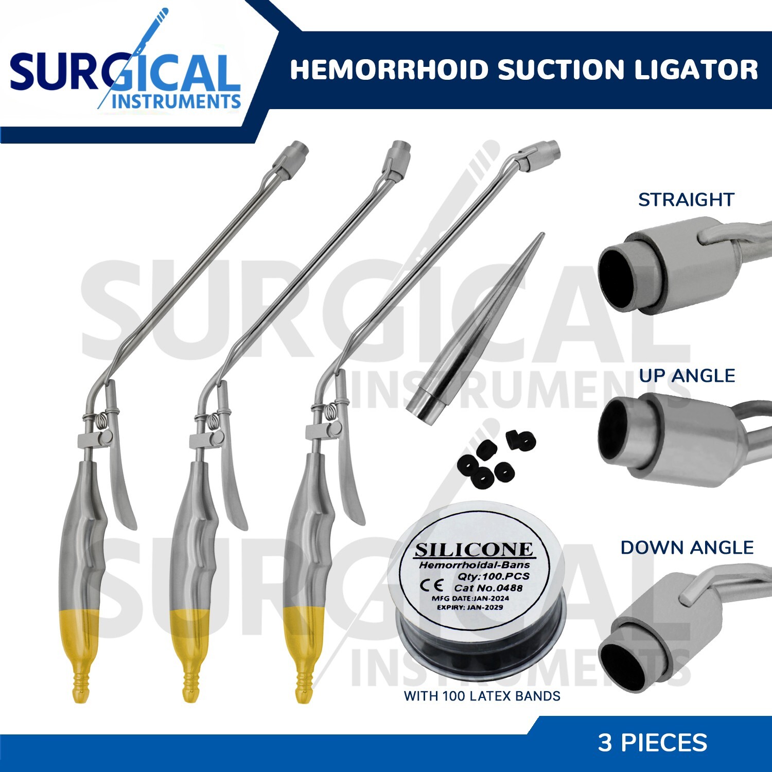 3 Hemorrhoid Suction Ligator Straight, Up & Down Angle With 100 Latex Band Set