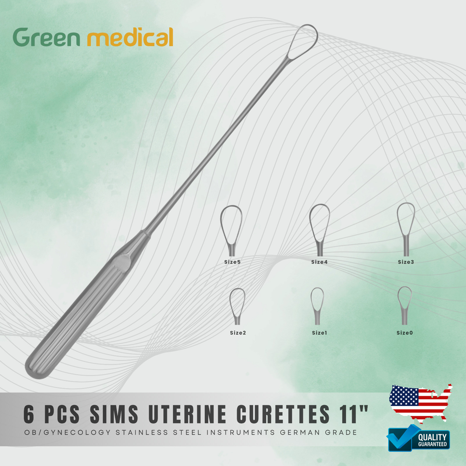 Sims Uterine Curettes 6 Pcs Set Sharp Blade 0,1,2,3,4,5 11″ OB/GYN Inst German G
