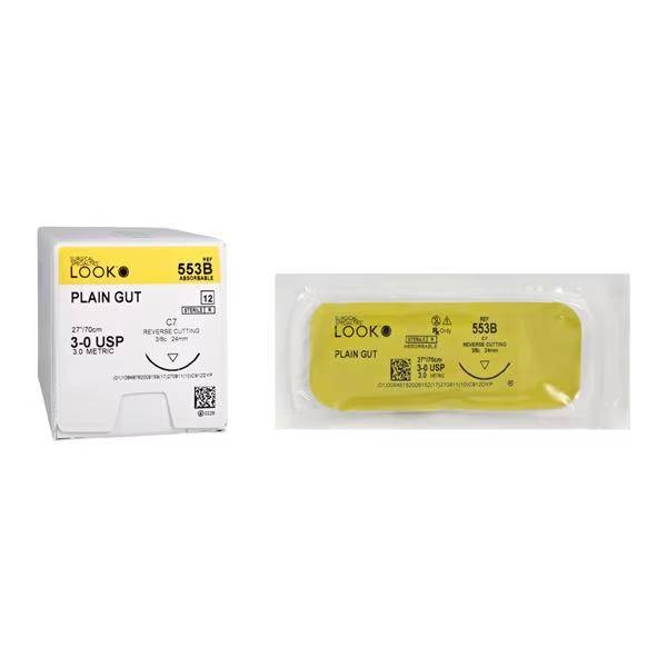 Look 553B Plain Gut Absorbable Reverse Cutting Sutures C7 3/8 Circle 3-0 27 12Bx