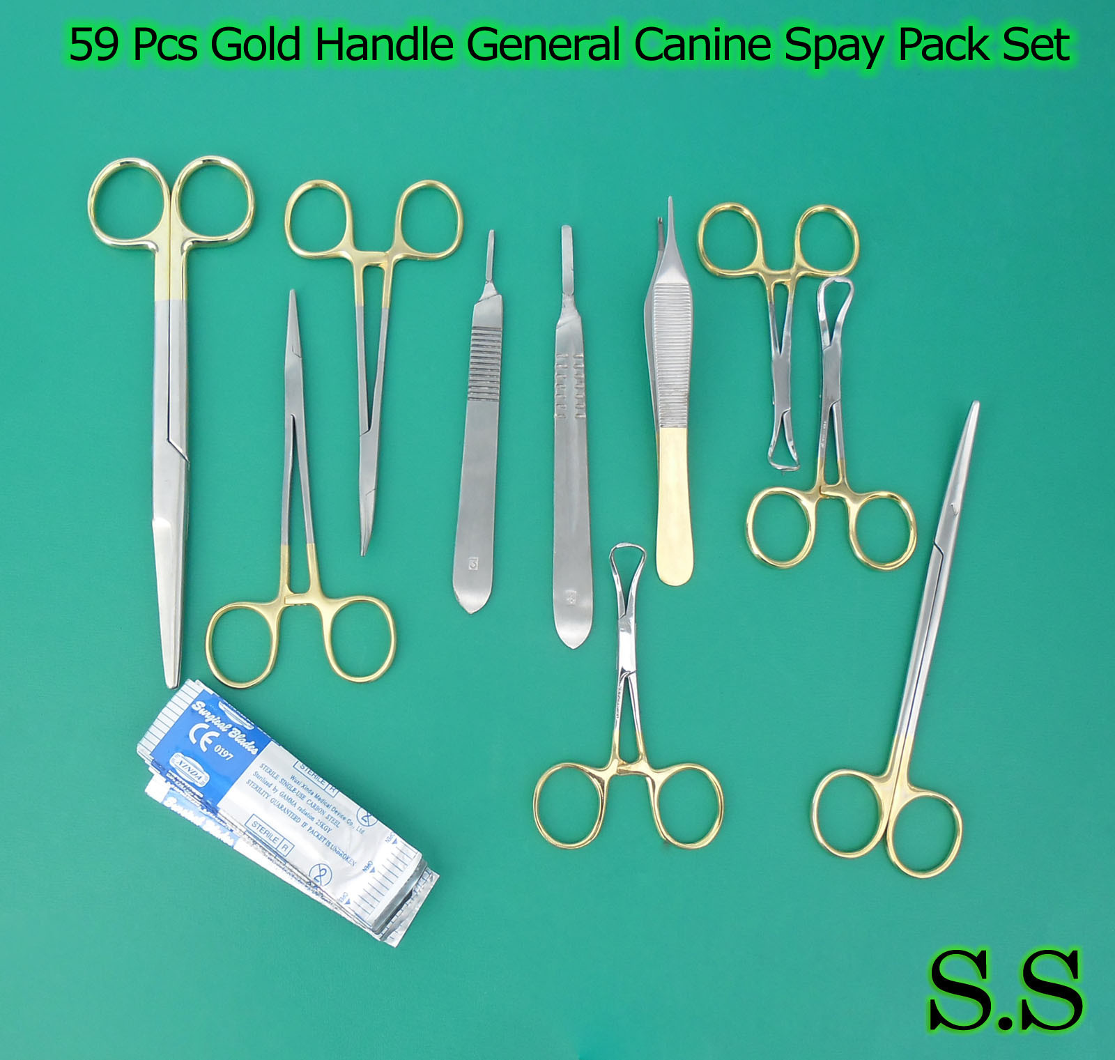 59 PCS GOLD HANDLE GENERAL CANINE SPAY PACK SURGICAL INSTRUMENTS SET KIT DS-1057
