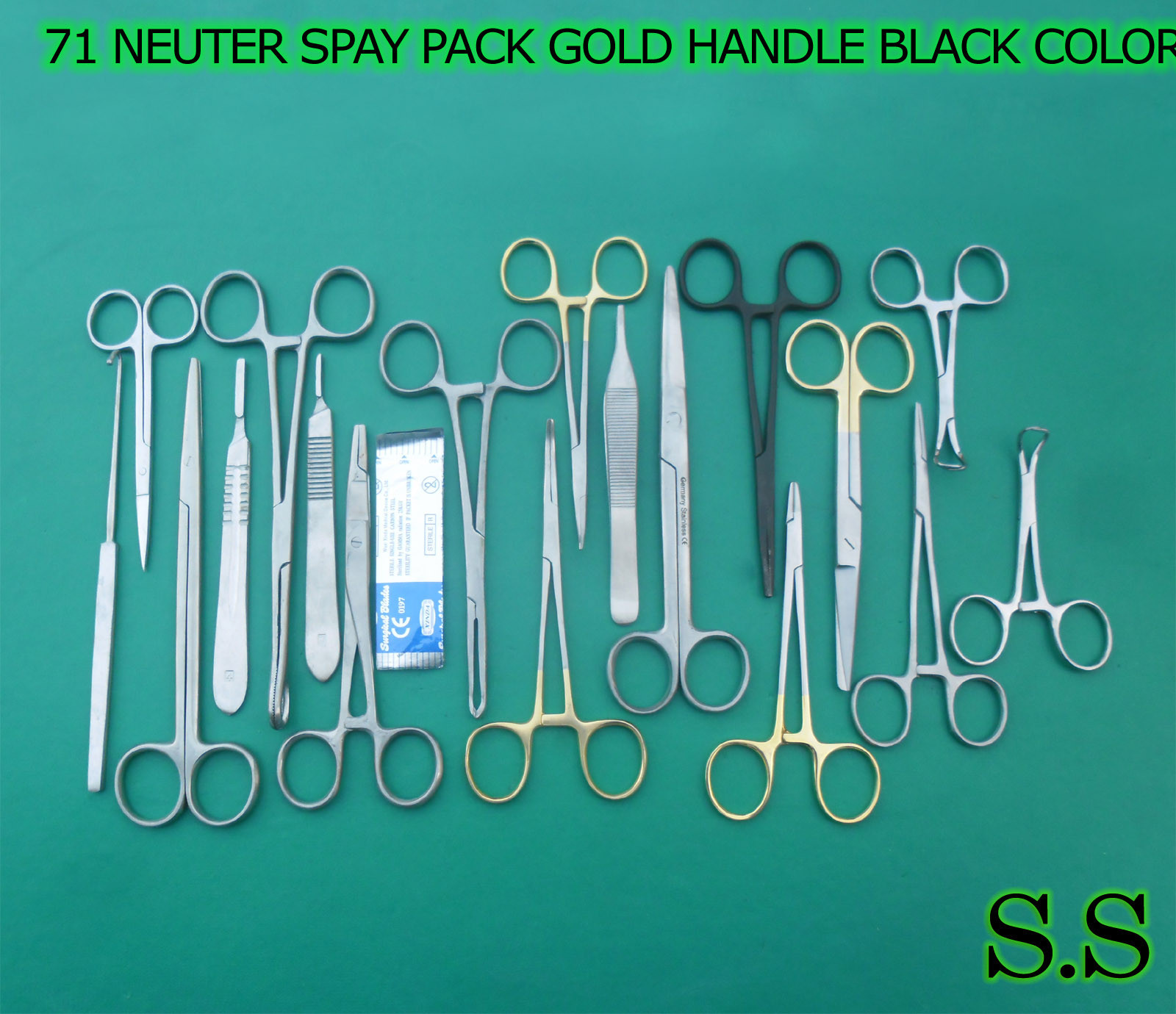 71 PCS NEUTER SPAY PACK VETERINARY SURGICAL INSTRUMENT GOLD HANDLE Black DS-1088