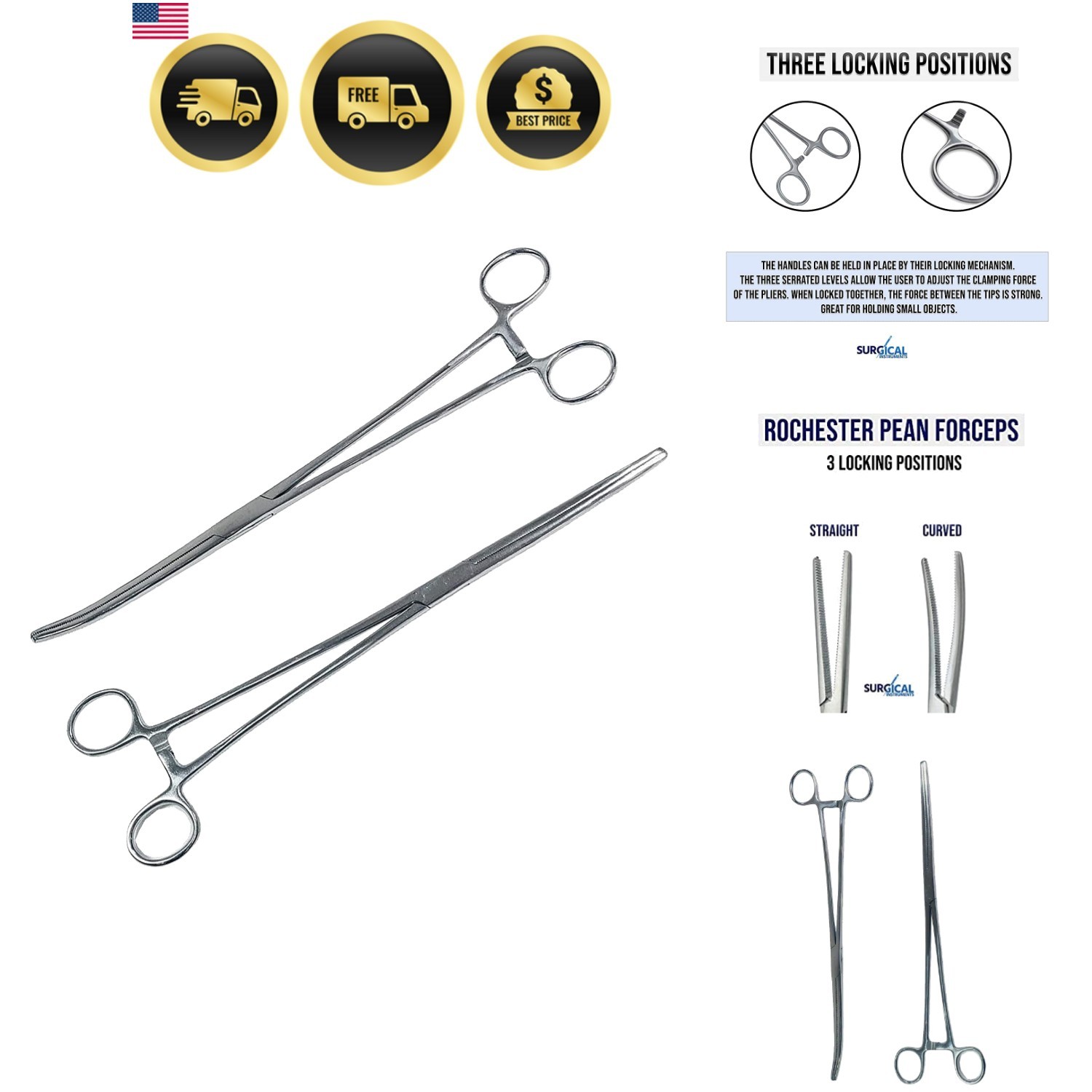 Set of 2 Quality 10″ Long Rochester Pean Hemostat Full Mouth Serration Force…