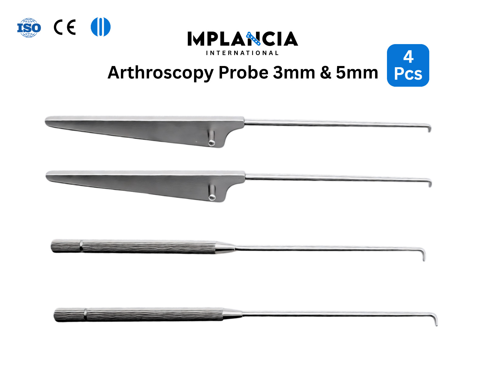 Arthroscopic Probe Set 3mm & 5mm Hook Probe Surgical Instruments 4 Pcs SS