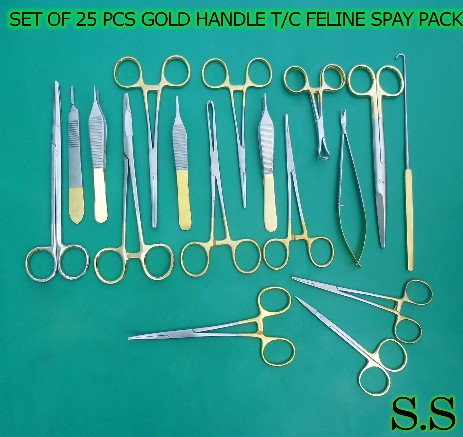 SET OF 25 PCS GOLD HANDLE T/C FELINE SPAY PACK SURGICAL INSTRUMENTS KIT DS-1090