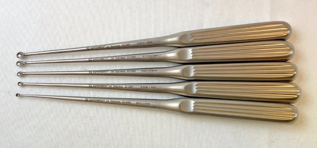 Set of 5 Symmetry Surgical Bruns Hollow Handle Reverse Angle 9″ Curettes 1-0000