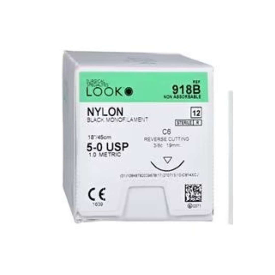 Look 918B Nylon Black Monofilament Reverse Cutting Sutures C6 5-0 18″ 12/Bx