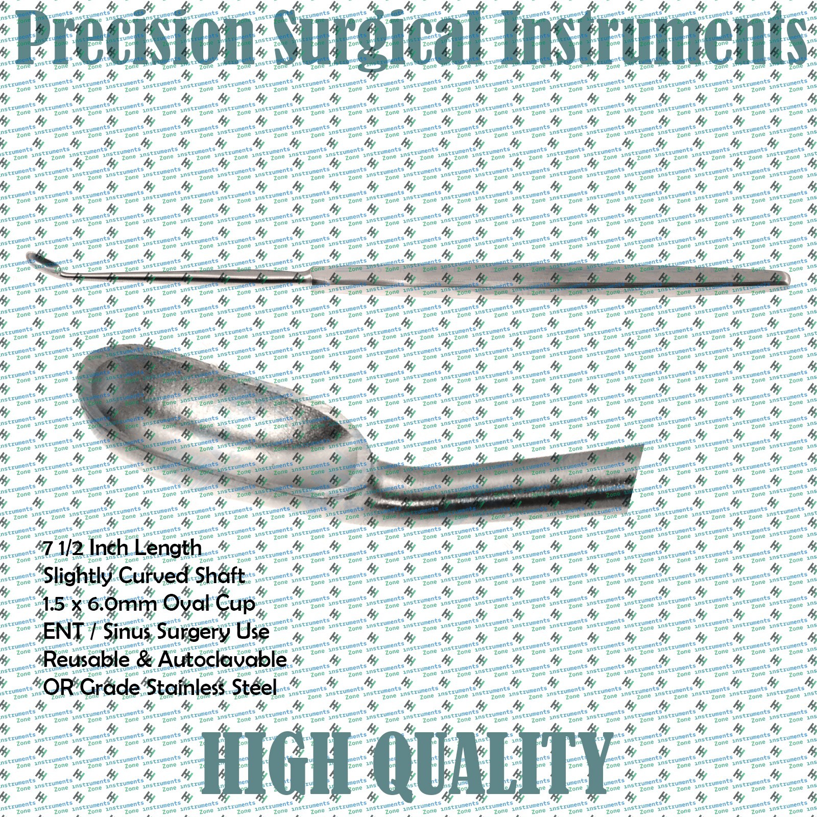 Antrum Curette 7 1/2″ Slightly Curved 1.5 x 6.0mm Oval Cup ENT Instrument