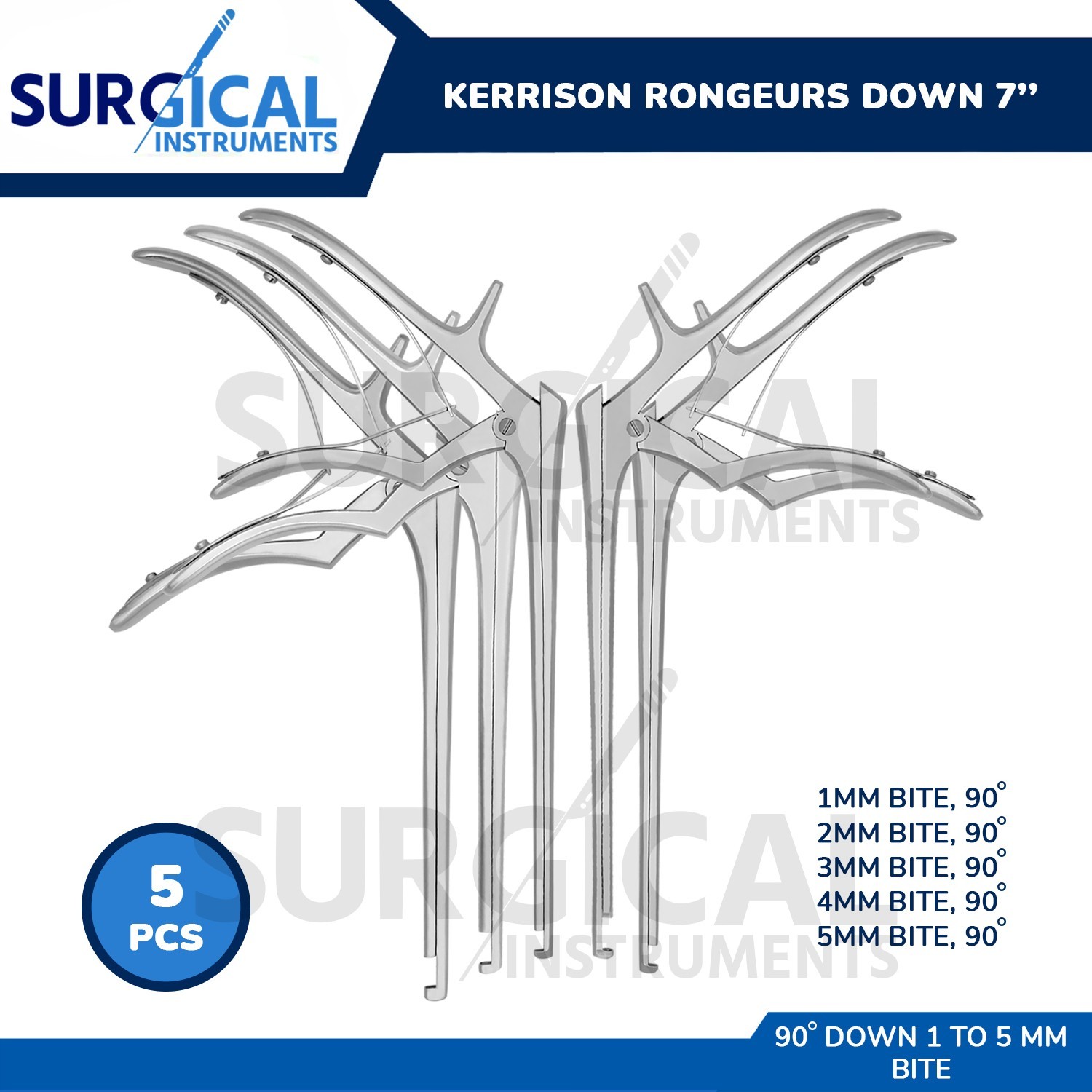 5 Pcs KERRISON Rongeurs 7″ 1, 2, 3, 4, 5mm Down 90 Degree Bite German Grade