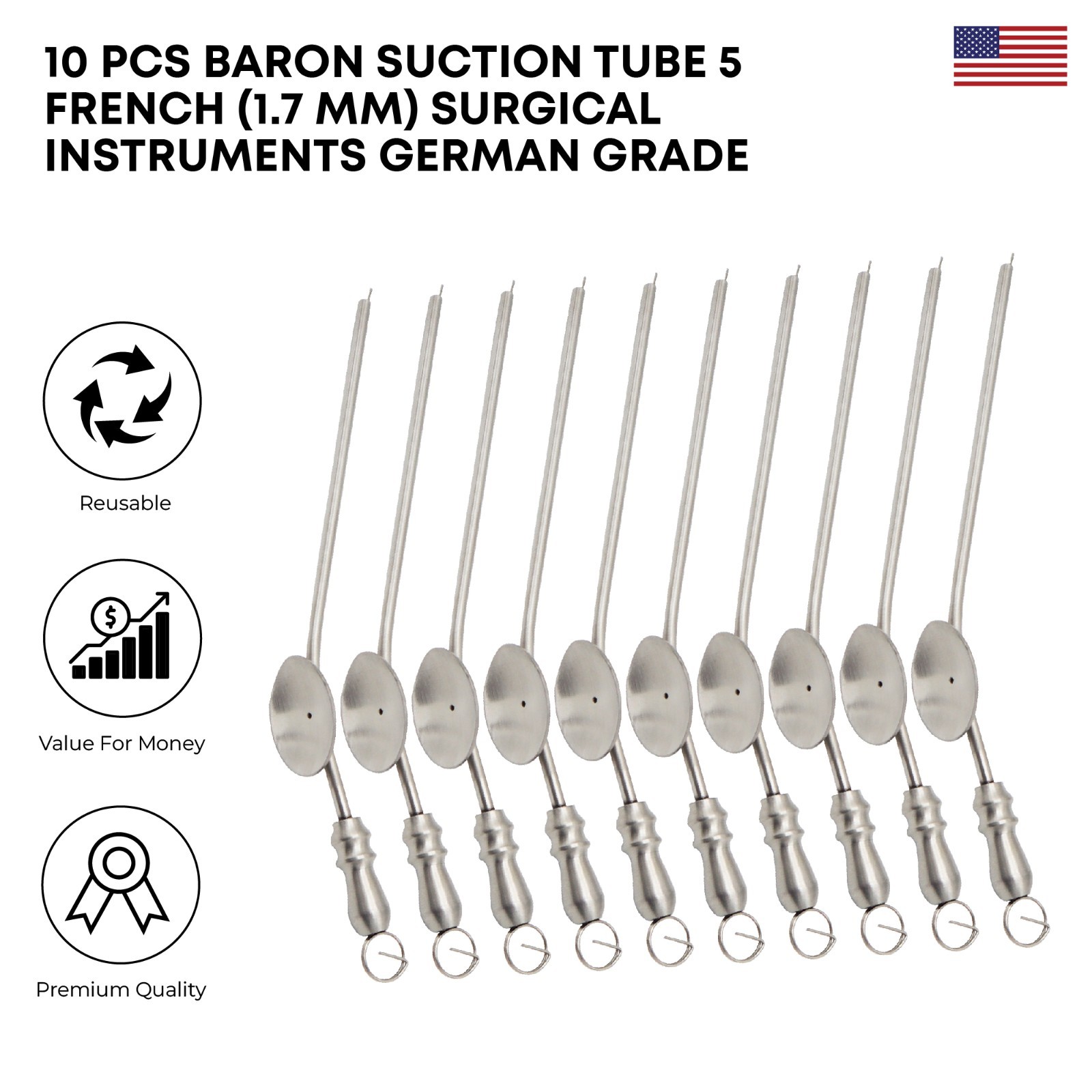 10 Pcs Baron Suction Tube 5 French (1.7mm) Stainless Steel Surgical Instruments