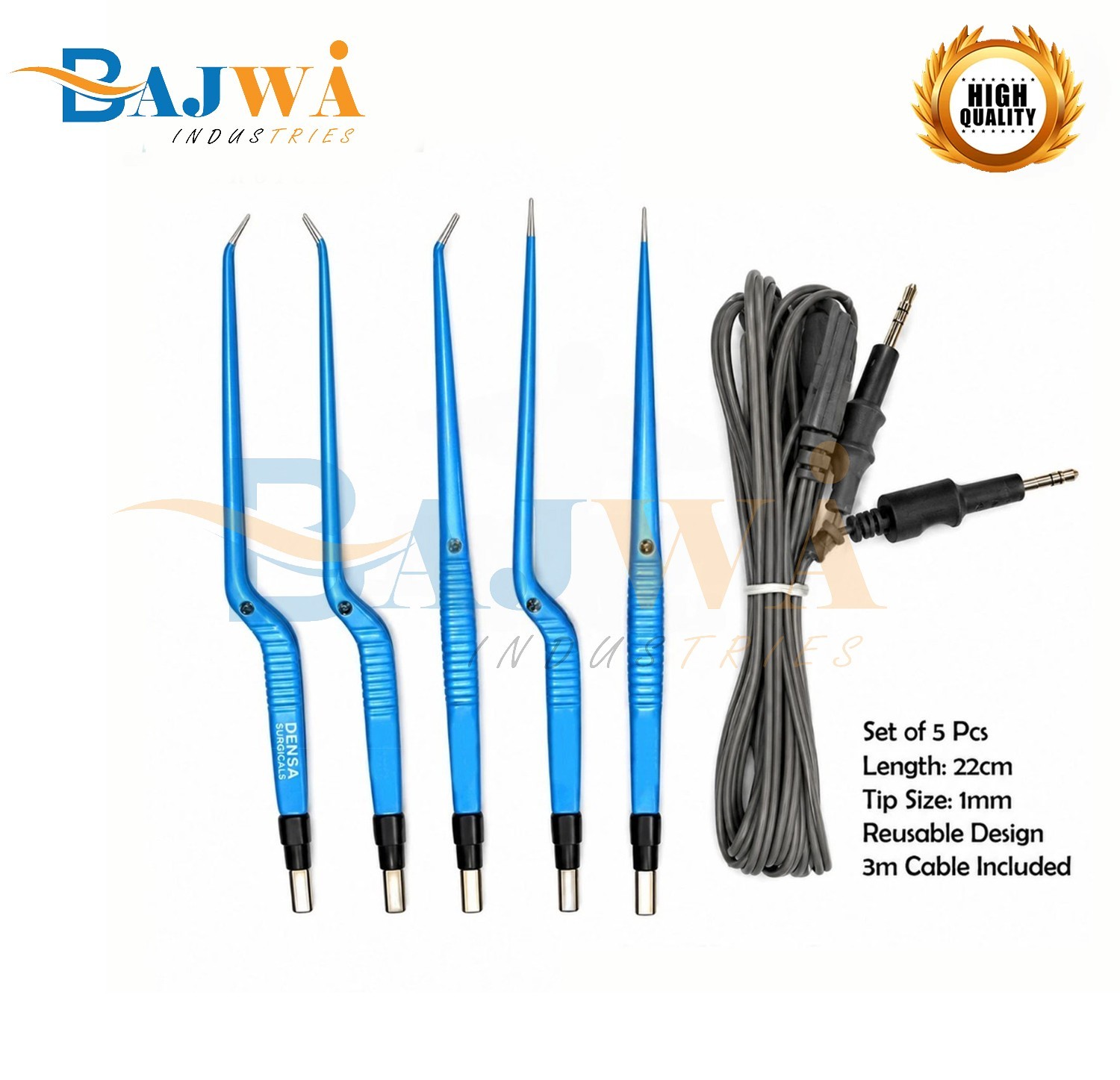 European Bipolar Forceps Set of 5 Pcs, 22cm, 1.5mm Tip, 3m Cable, Reusable