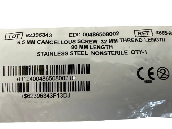 Zimmer 4865-80-02 6.5mm Cancellous Screw, 32mm Thread Length, 80mm Length