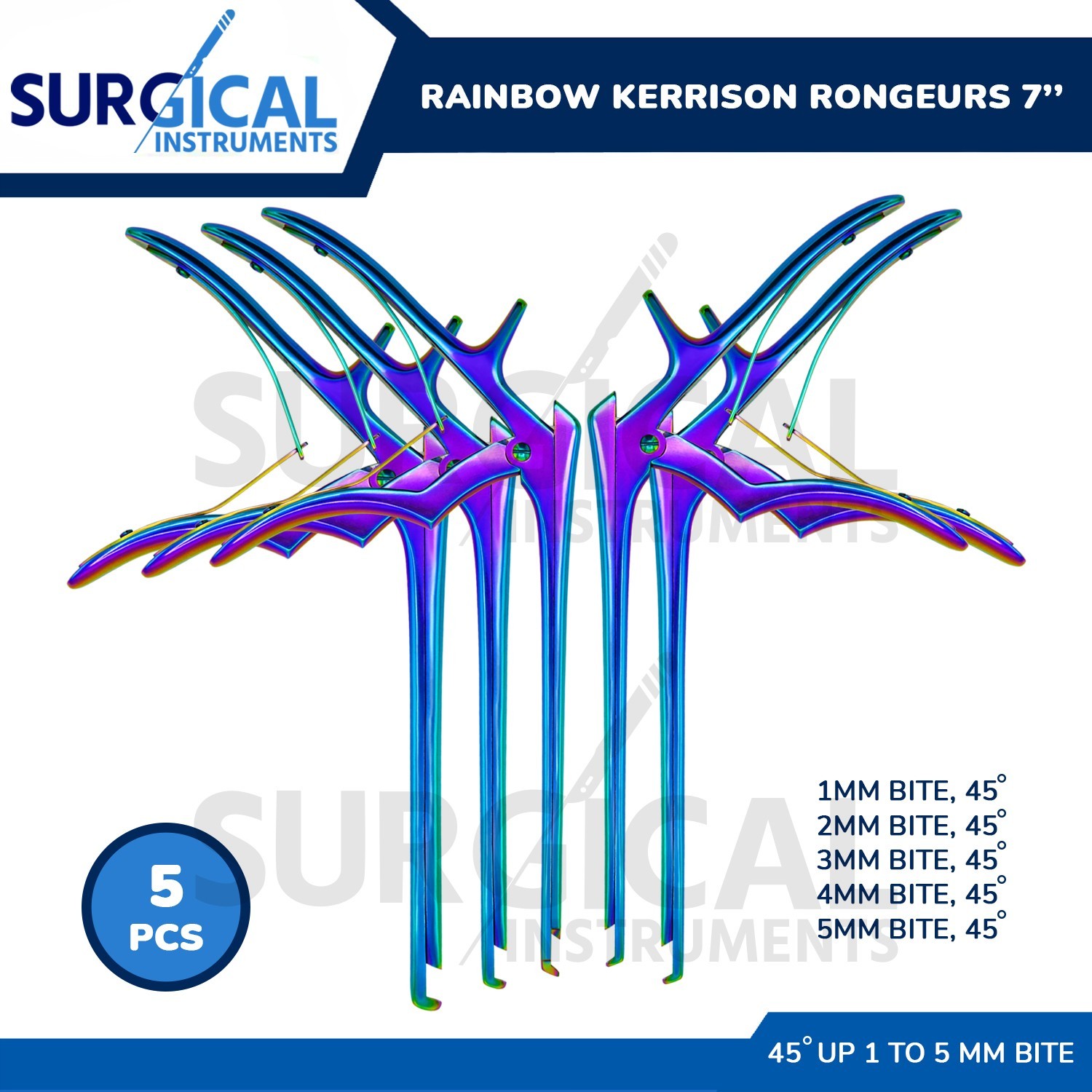 5 Pcs KERRISON Rongeurs 7″ 1, 2, 3, 4, 5mm Up 45 Degree Rainbow German Grade