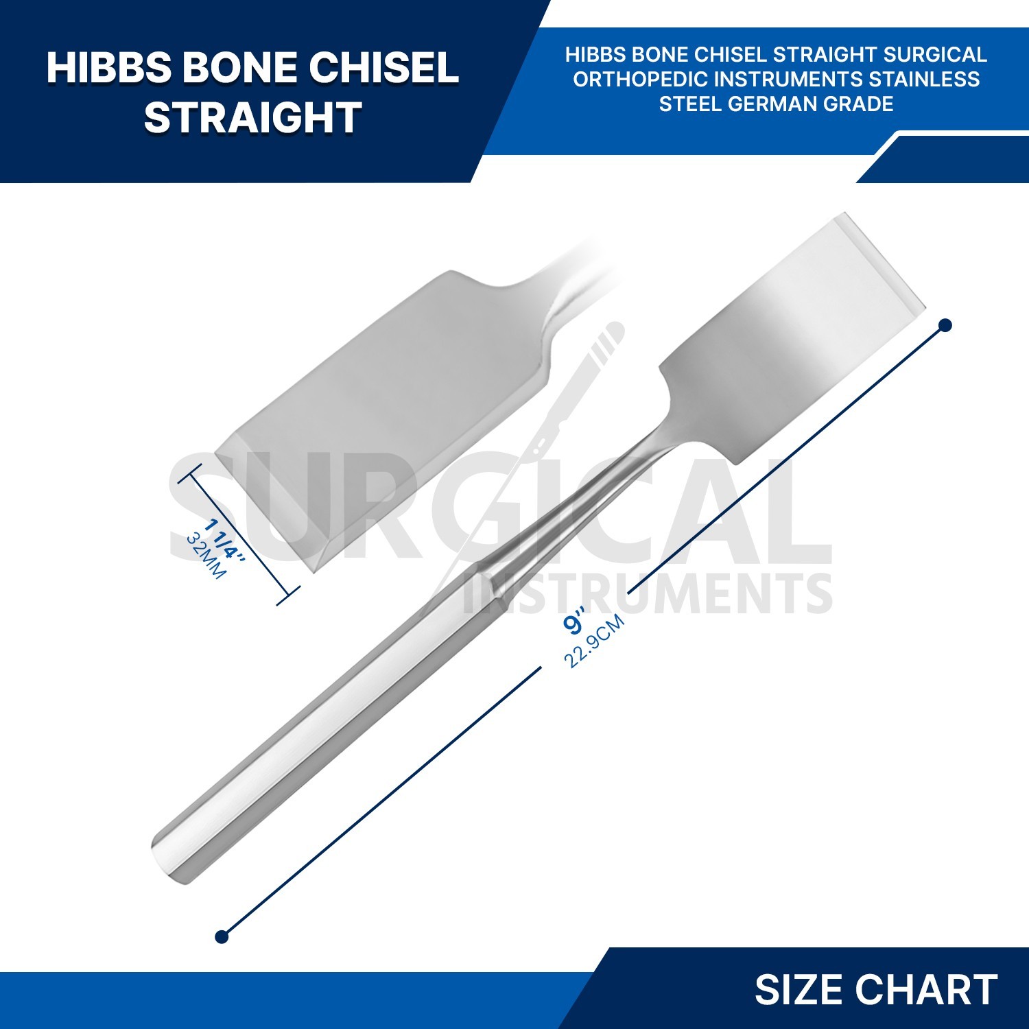 HIBBS Chisel 9″ with 1 1/4″ (3.2cm) Straight Blade Orthopedic Instrument German