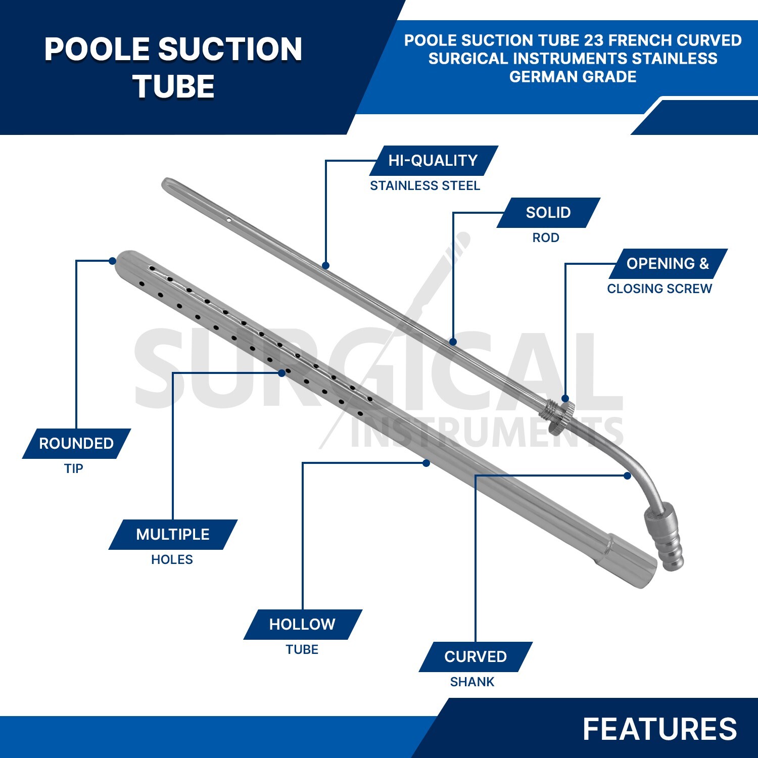 Poole Suction Tube 23 French Curved Surgical Medical Instruments German Grade