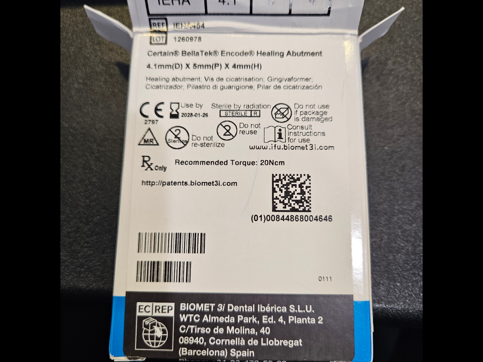 Zimmer Biomet Certain Bellatek Encode Healing Abut 4.1mm (D)x5mm(P)x4mm(H)