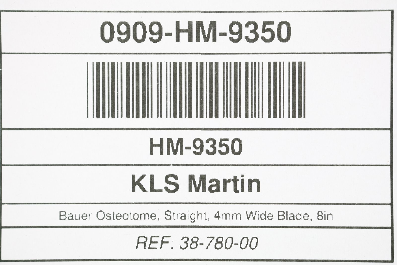 KLS Martin 38-780-00 Bauer Osteotome, Straight, 4mm Wide Blade, 8in