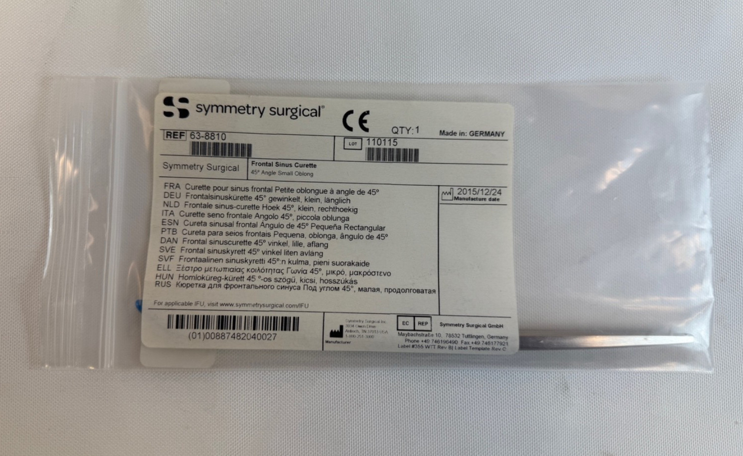 Symmetry Surgical Codman 63-8810 Frontal Sinus Curette 45° Angle Small OblongCup