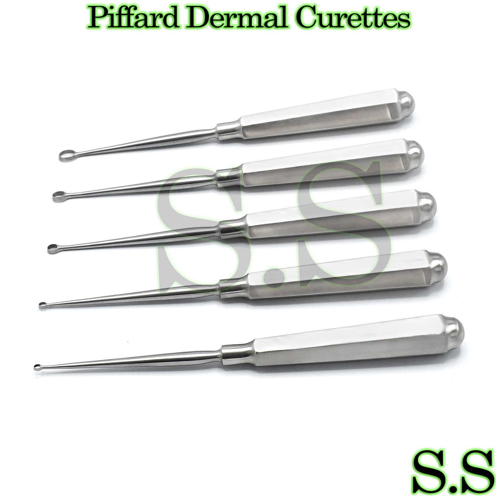Set of 5 Piffard Dermal Curettes Oval Shape Cup 6 1/4″ Surgical Instruments