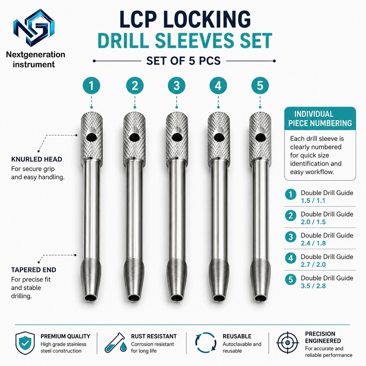 Orthopedic LCP Locking Drill Sleeve Set of 5pcs Surgical Steel Instruments