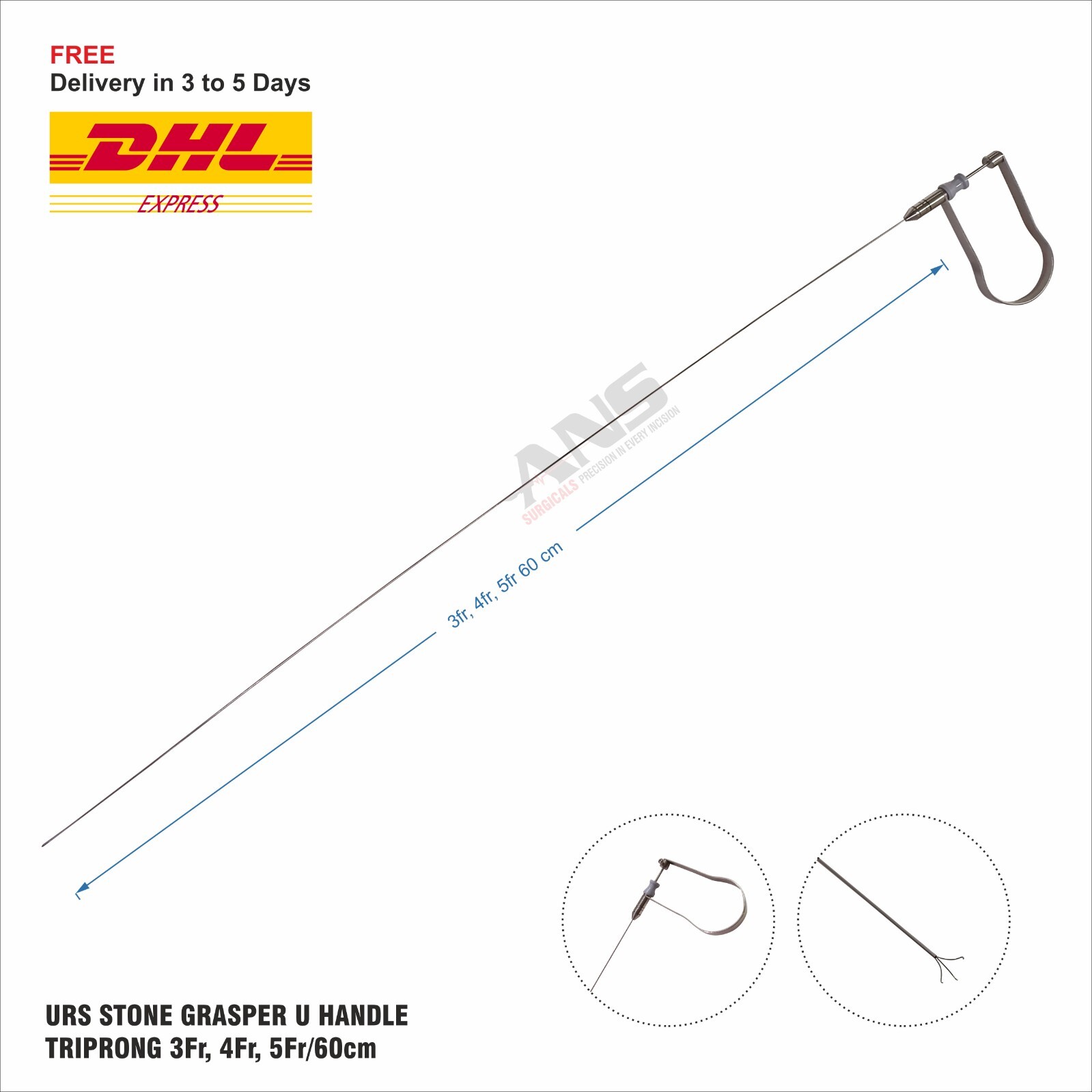 ANS URS STONE GRASPER U HANDLE TRIPRONG 3Fr, 4Fr, 5Fr/60cm