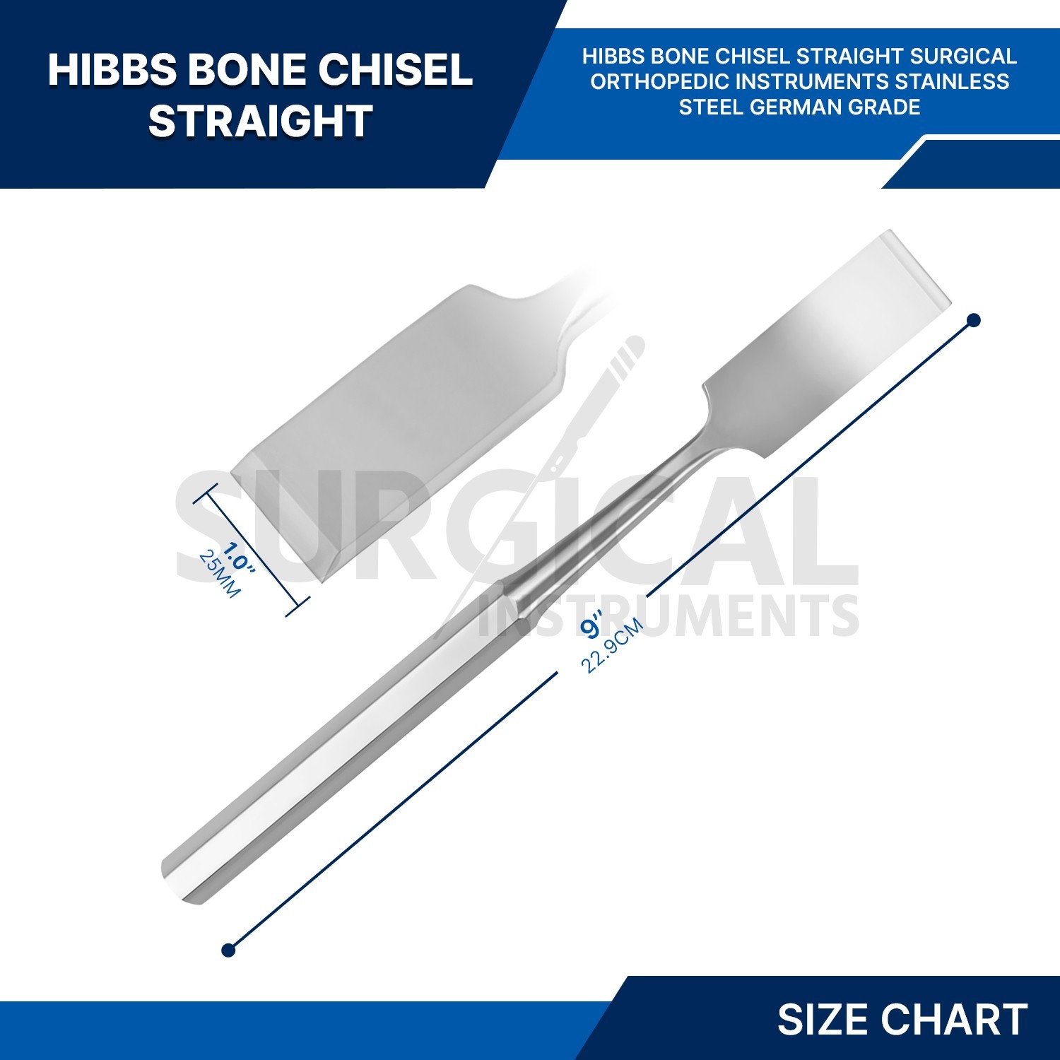 HIBBS Chisel 9″ with 1″ (2.5cm) Straight Blade Orthopedic Instrument German G