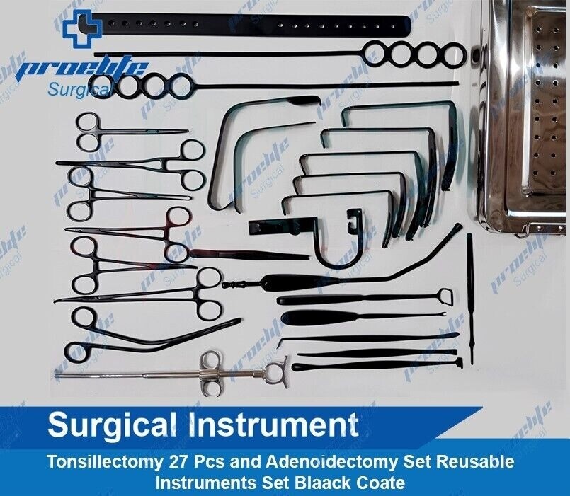 Tonsillectomy 27 Pcs and Adenoidectomy Set Reusable Instruments Set Black Coated