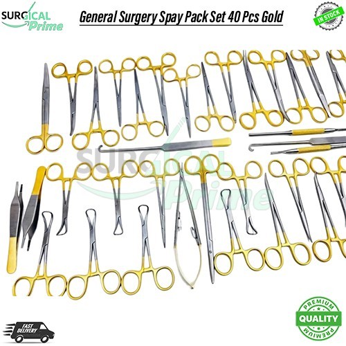 General Surgery Spay Pack Set 40 Pcs Gold Handle Surgical Instruments Kit W Box