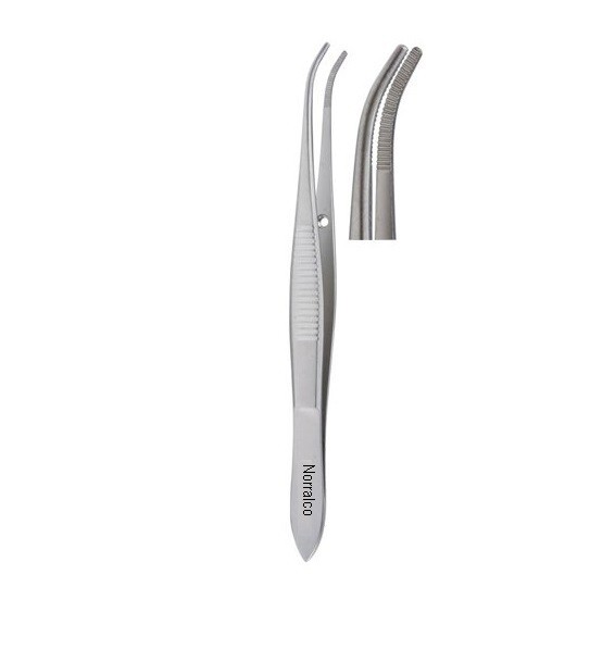 Eye Dressing Forceps, 4″, Slightly Curved Serrated Tips, 0.5mm Wide, Extra Fine
