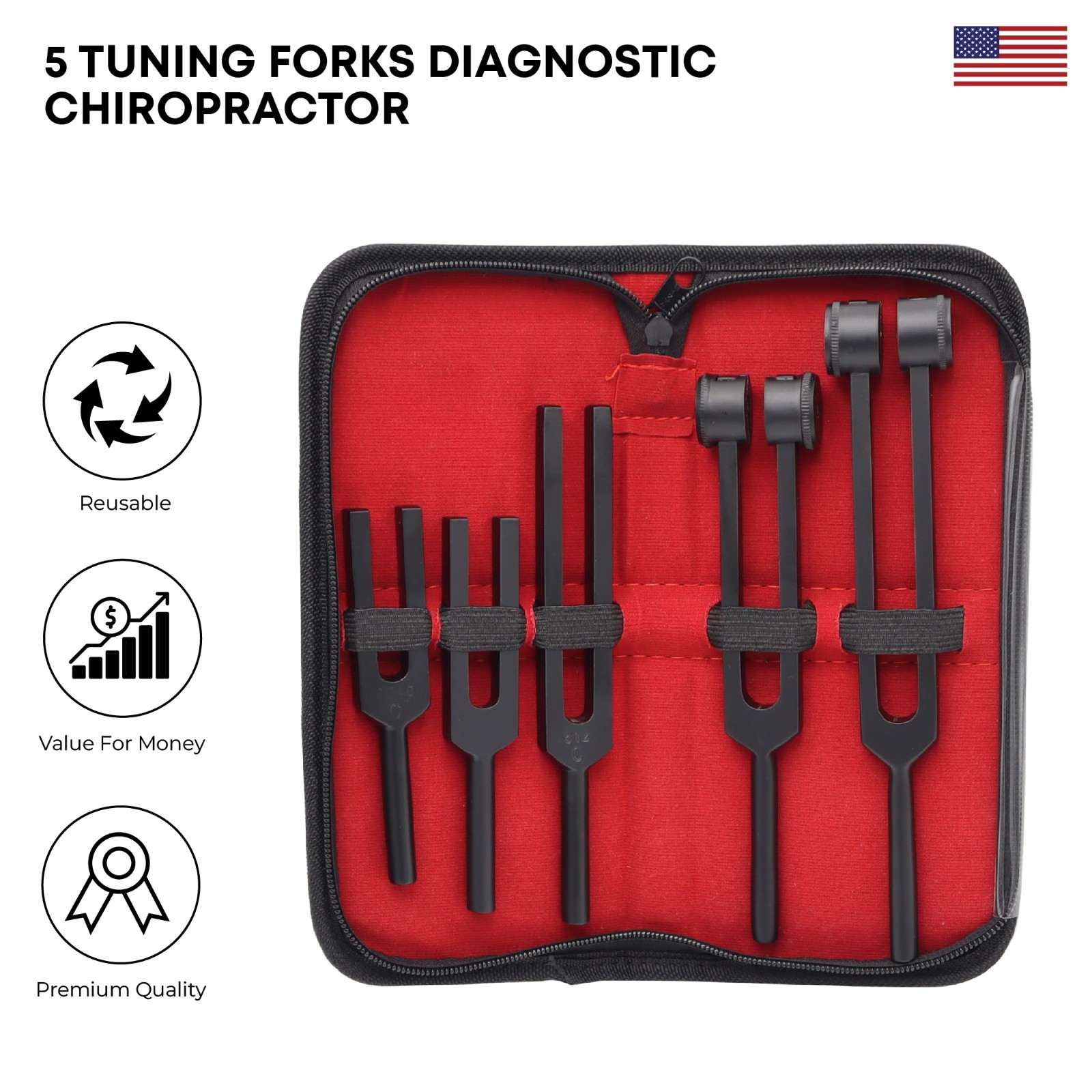 5 Tuning Forks Diagnostic Set Black Insulated Chiropractor Medical Exam Tools