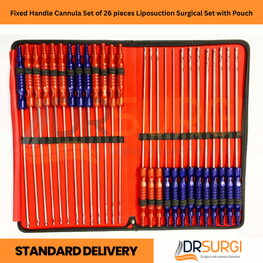 Fixed Handle Cannula Set of 26 pieces Liposuction Surgical Set with PouchFixed H