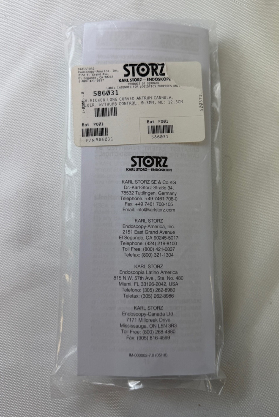 Karl Storz 586031 Eicken Antrum Suction Cannula 3mm x 12.5cm Long Curve ENT