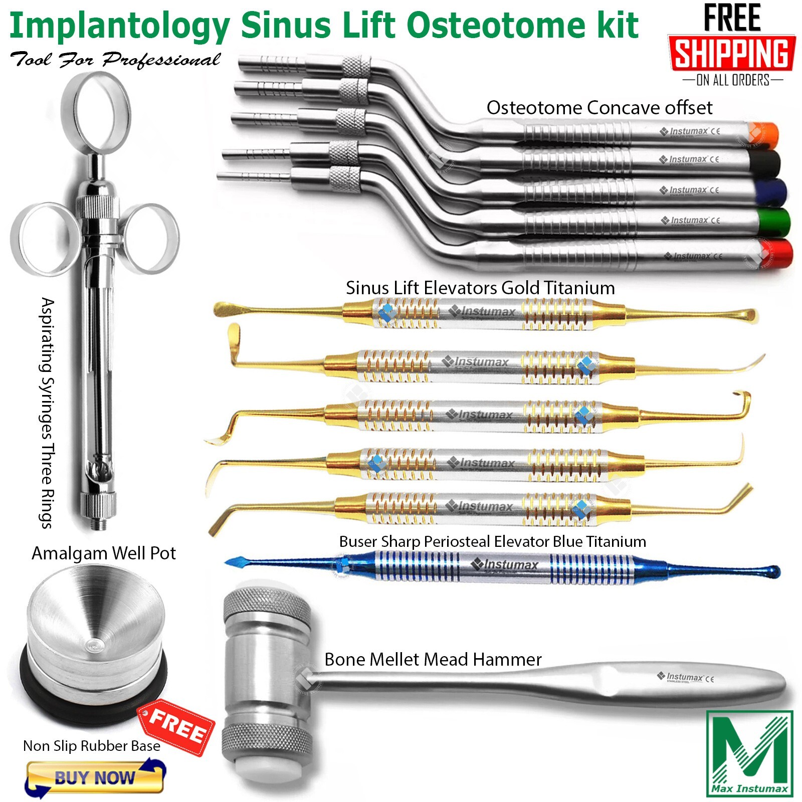 Offset Osteotomes Sinus Lift Elevators Mallet Dental Implants Bone Surgical Kit