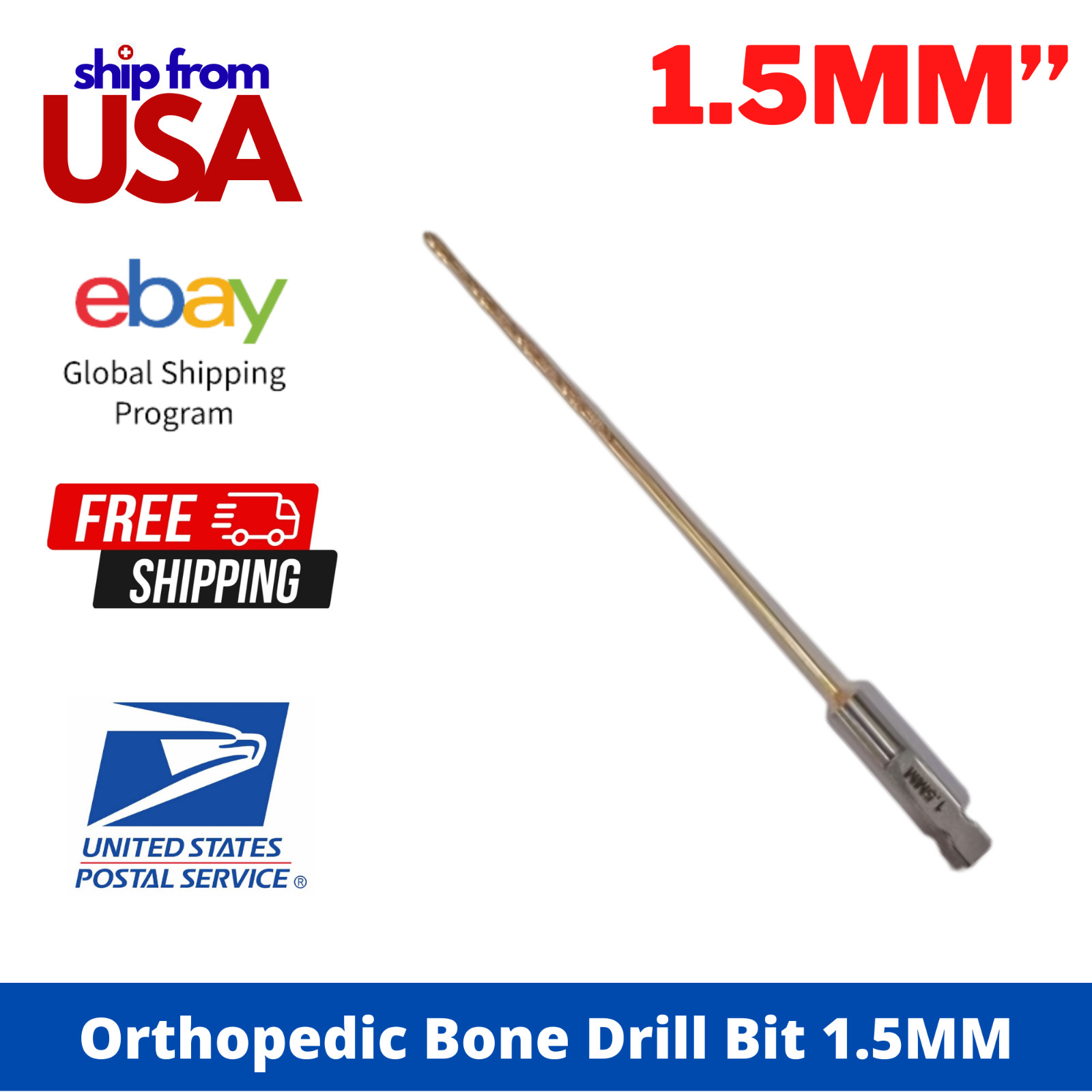 Orthopedic Bone Drill Bit 1.5 mm Gold Coated Quick Connect Quick Coupling