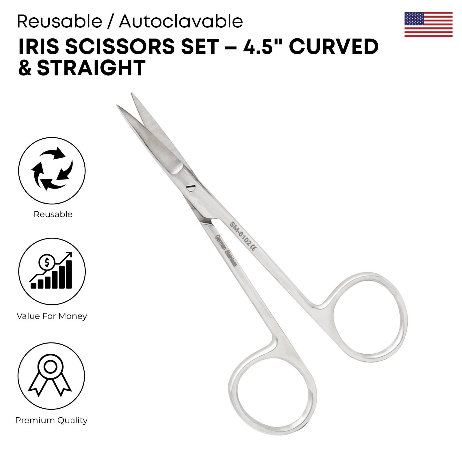 Iris Scissors Set 4.5″ Curved & Straight Stainless Steel Surgical Instruments