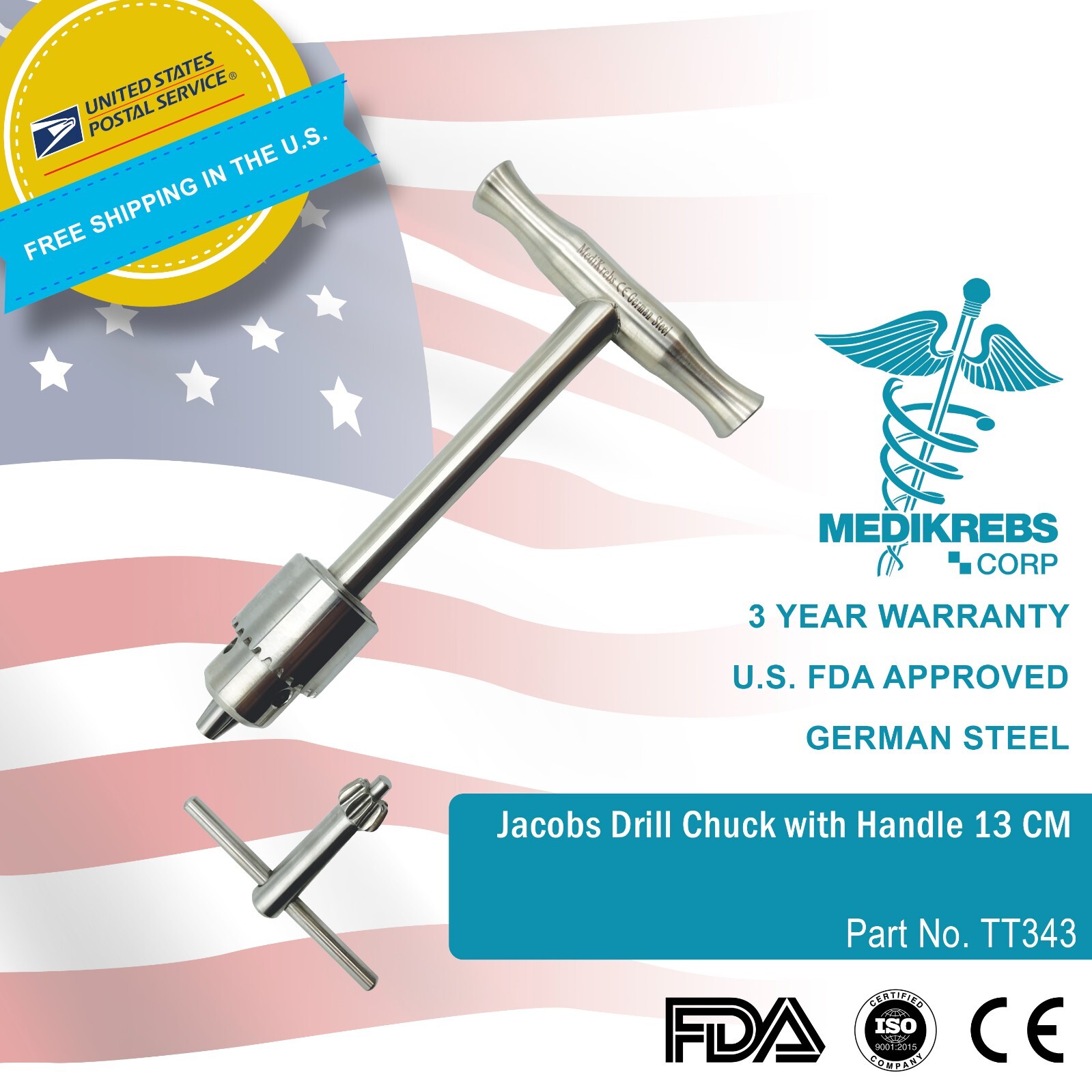 Jacobs Drill Chuck w/ Handle 13 cm OR Grade Stainless Steel Surgical Instruments