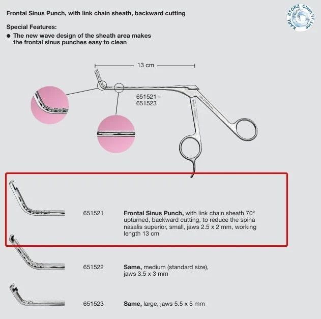 KARL STORZ 651521 Frontal Sinus ENT Punch Curved 70° Up Turn 3.5mm 5.5″