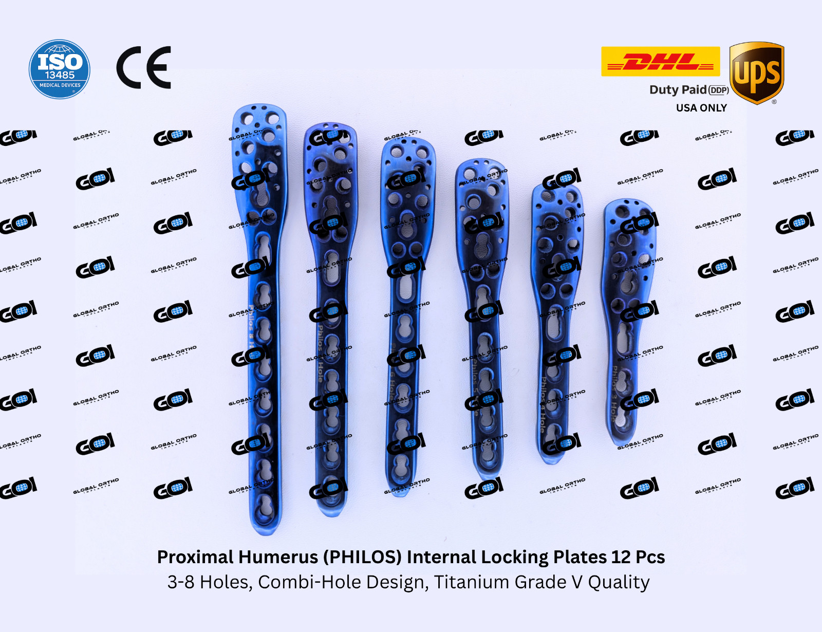 Titanium Internal Locking Plate 3.0mm Thick 12mm Wide 3-8 Hole Curved Head 12 Pc