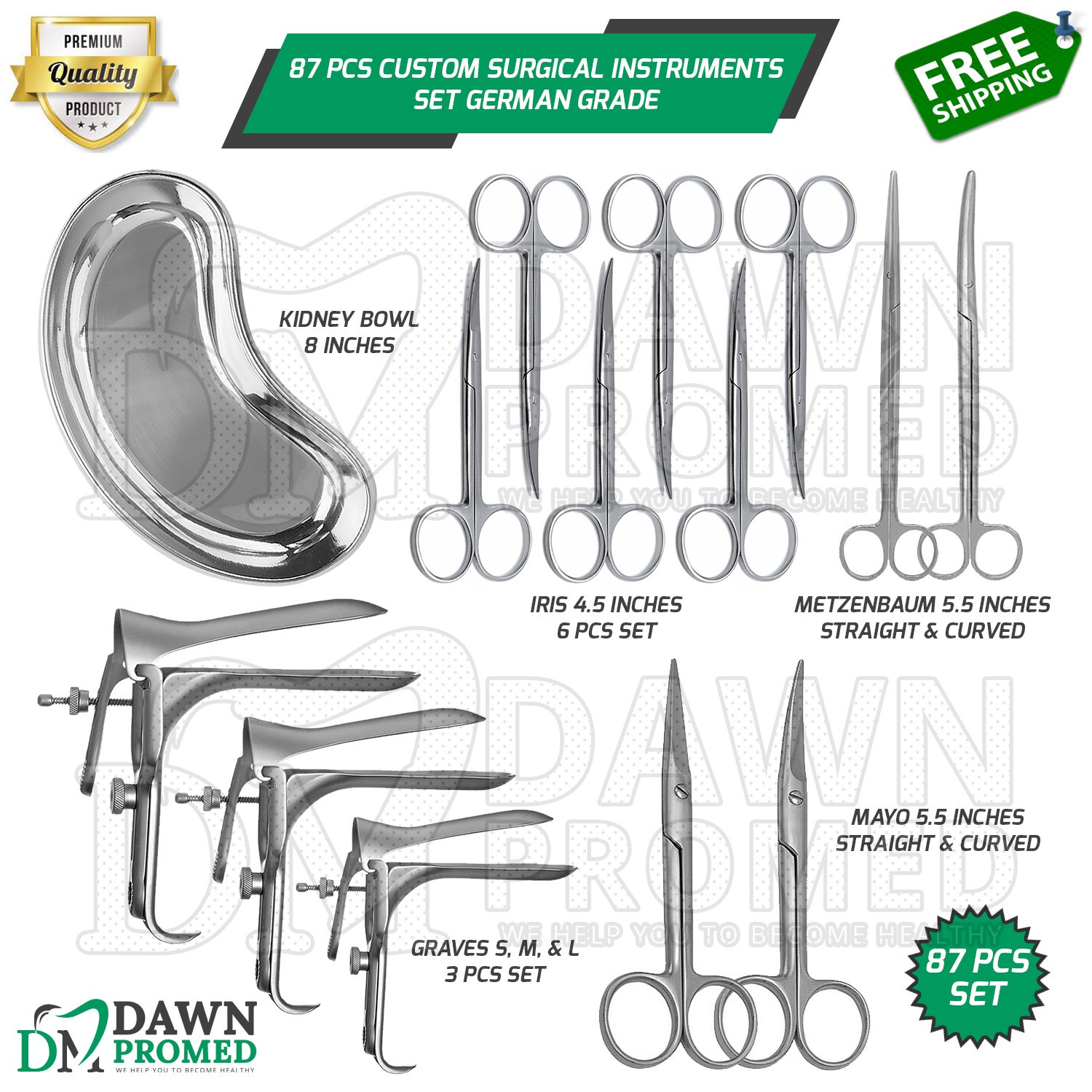 87 Pcs Custom Set of Speculum, Scissors & Kidney Bowl Surgical Instruments