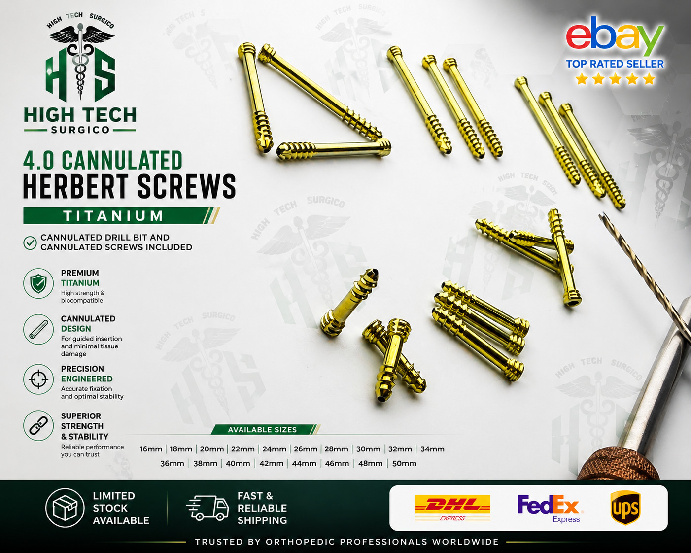 4.0mm HerBèrt Cannulatèd Screws Titanium 16-50mm Set of 56 Pcs + Driver & Bit