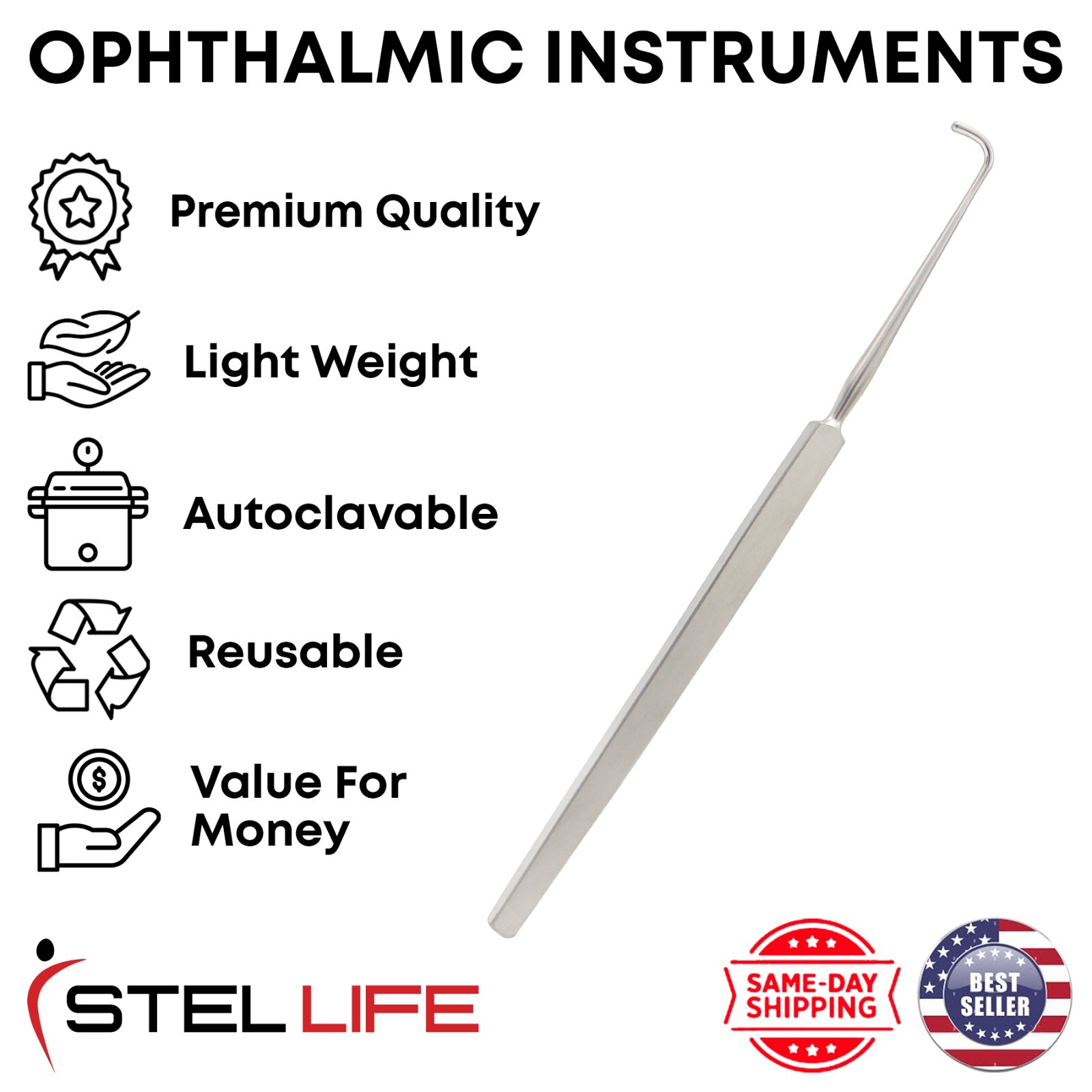 Graefe Strabismus Hook Curved 13 mm Premium Ophthalmic Surgical Instruments