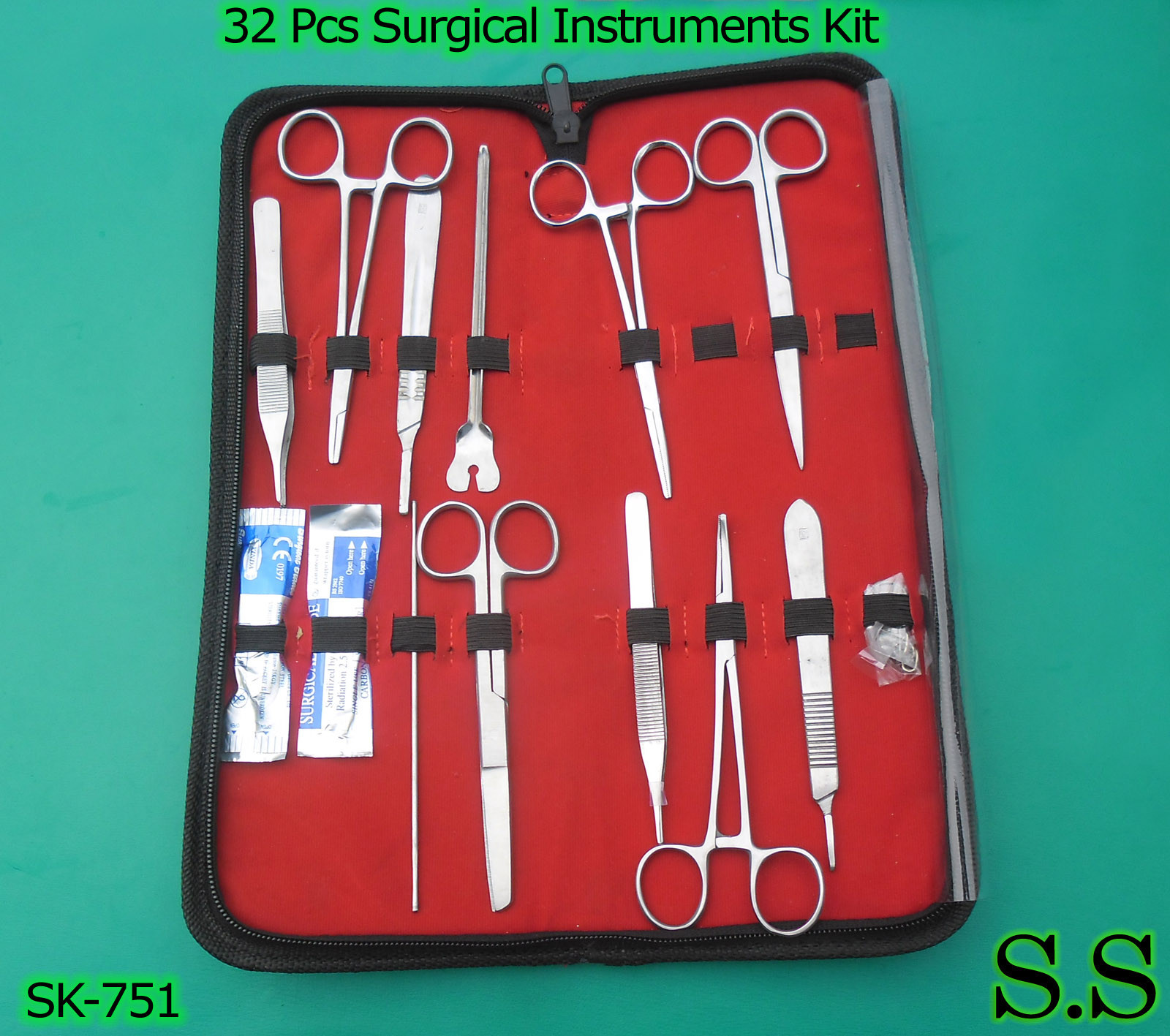 32 Pcs Surgical Instruments Kit Stainless Steel With Velvet Pouch, SK-751