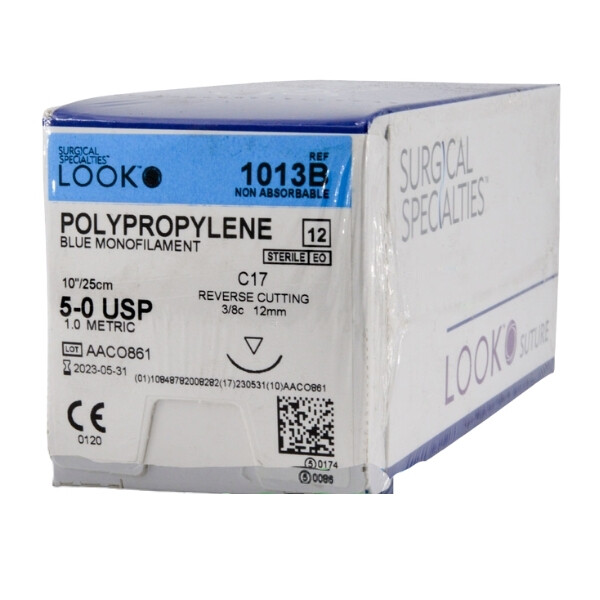 Look X1013B Polypropylene Sutures 5-0 Blue 10″ C17 3/8 Circle 12mm 12/Pk