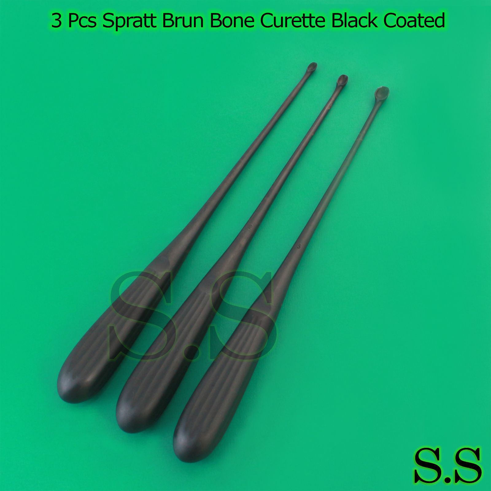 Set Of 3 Pcs Spratt Brun Bone Curette Size 1,2,5 Black Coated Surgical Instrume