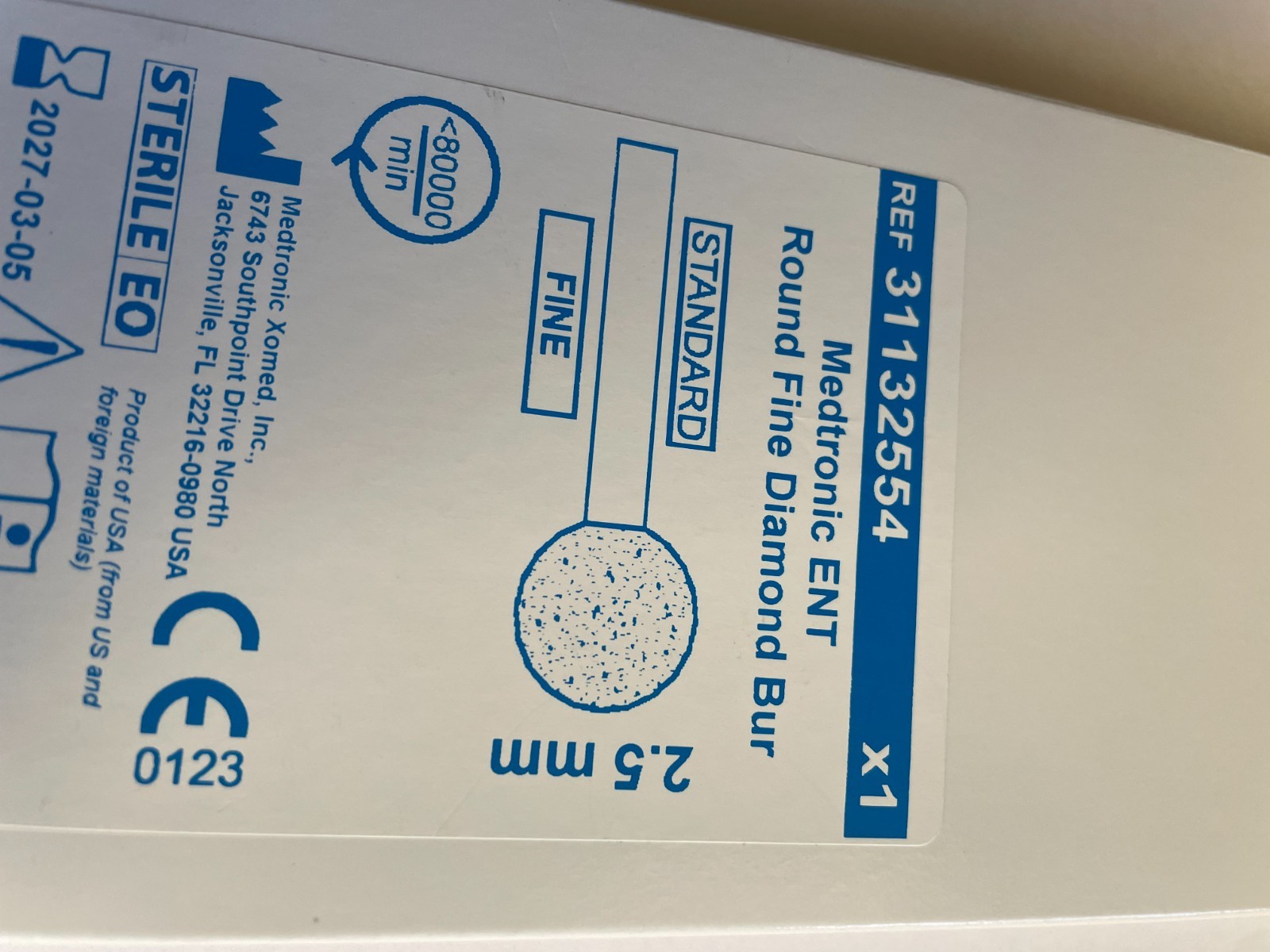 MEDTRONIC ENT Round Fine Diamond Bur 31132554- 2.5mm 80000/min (BOX of ONE)