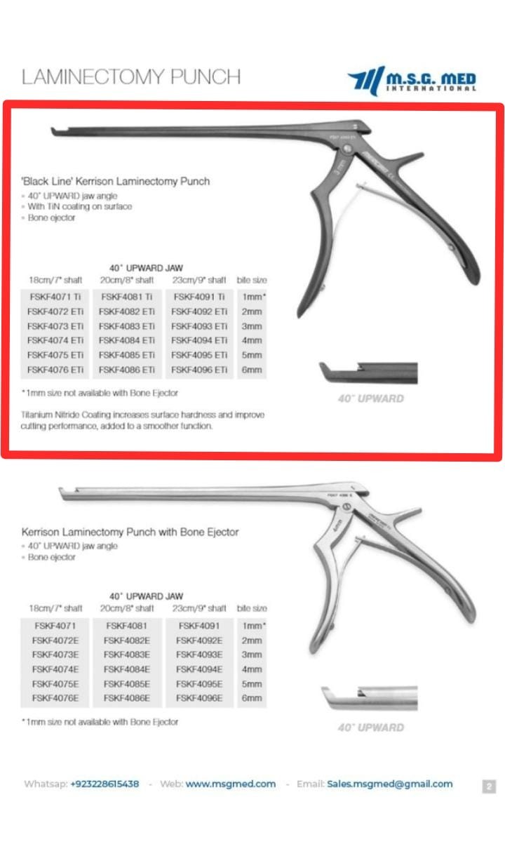 Black Line Kerrison Laminectomy Punch 40° Upward Jaw TC Bone Ejector 1-6mm